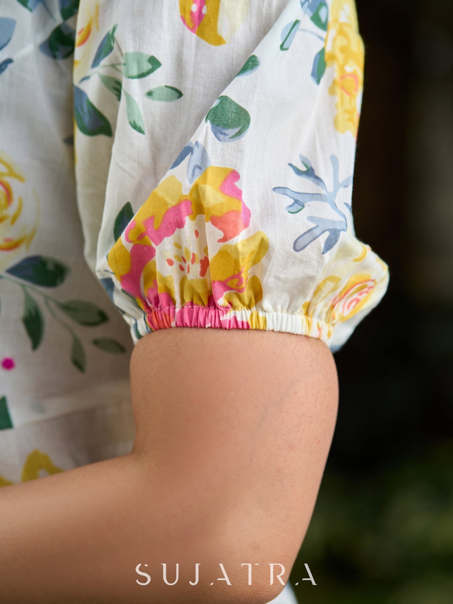 Luminous White Cotton Floral Dress with Square Neck, Contrasting Pink Accents, Flared Silhouette & Voluminous Puffy Sleeves