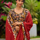 Traditional Rust Modal Silk Saree with Hand Embroidered Mirror Work & Kalamkari Printed Border