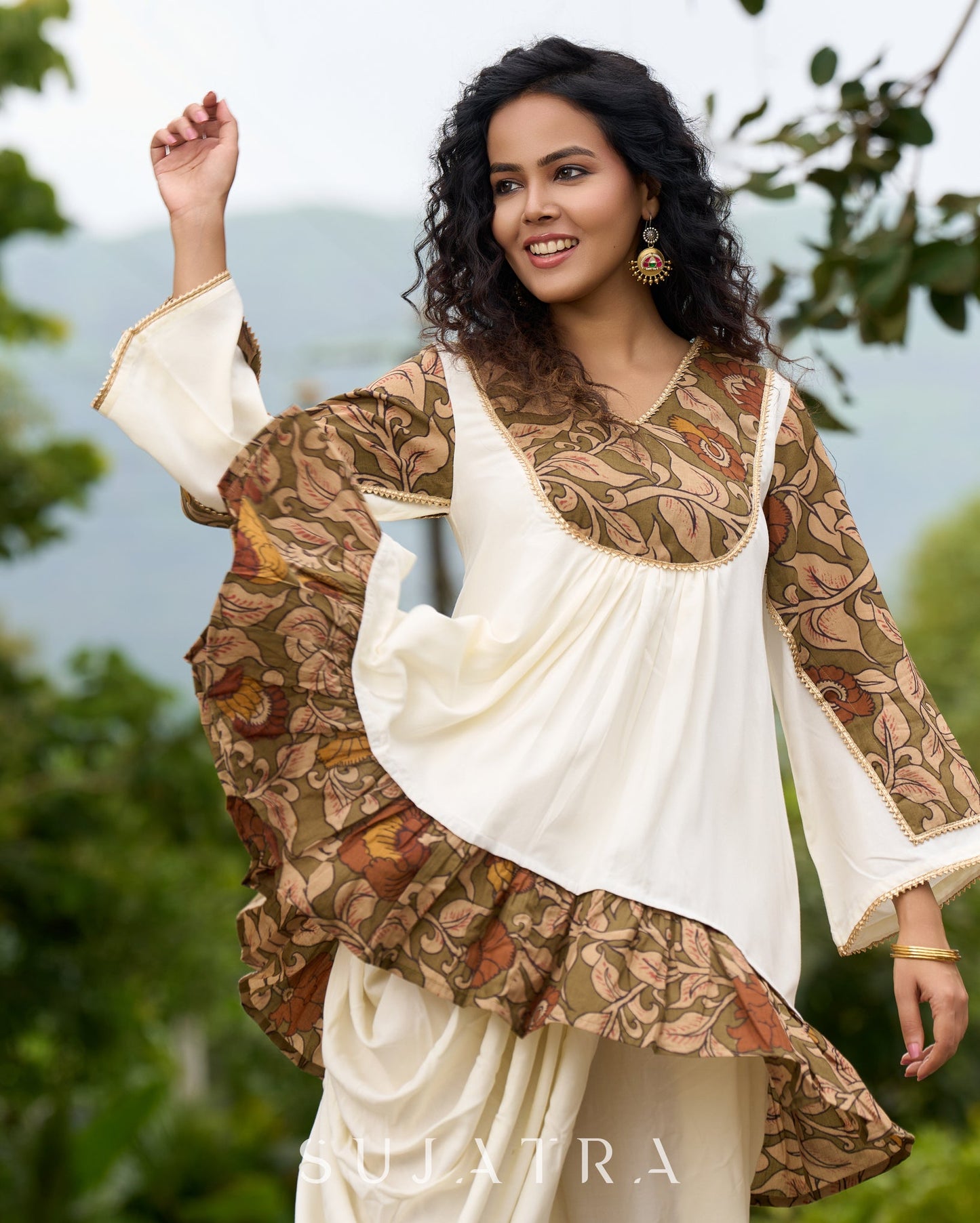 Boho Kalamkari Flared Short Tunic with Statement Sleeves  - Dhoti Pant Additional
