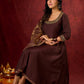 Exquisite Dark Brown Cotton Silk Kali Anarkali with Minimal Hand-Embroidered Neckline & Sleeves