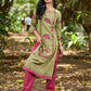Radiant Mint Green Cotton Kurta with Minimal Floral Hand Block Motifs and Magenta Detailing
