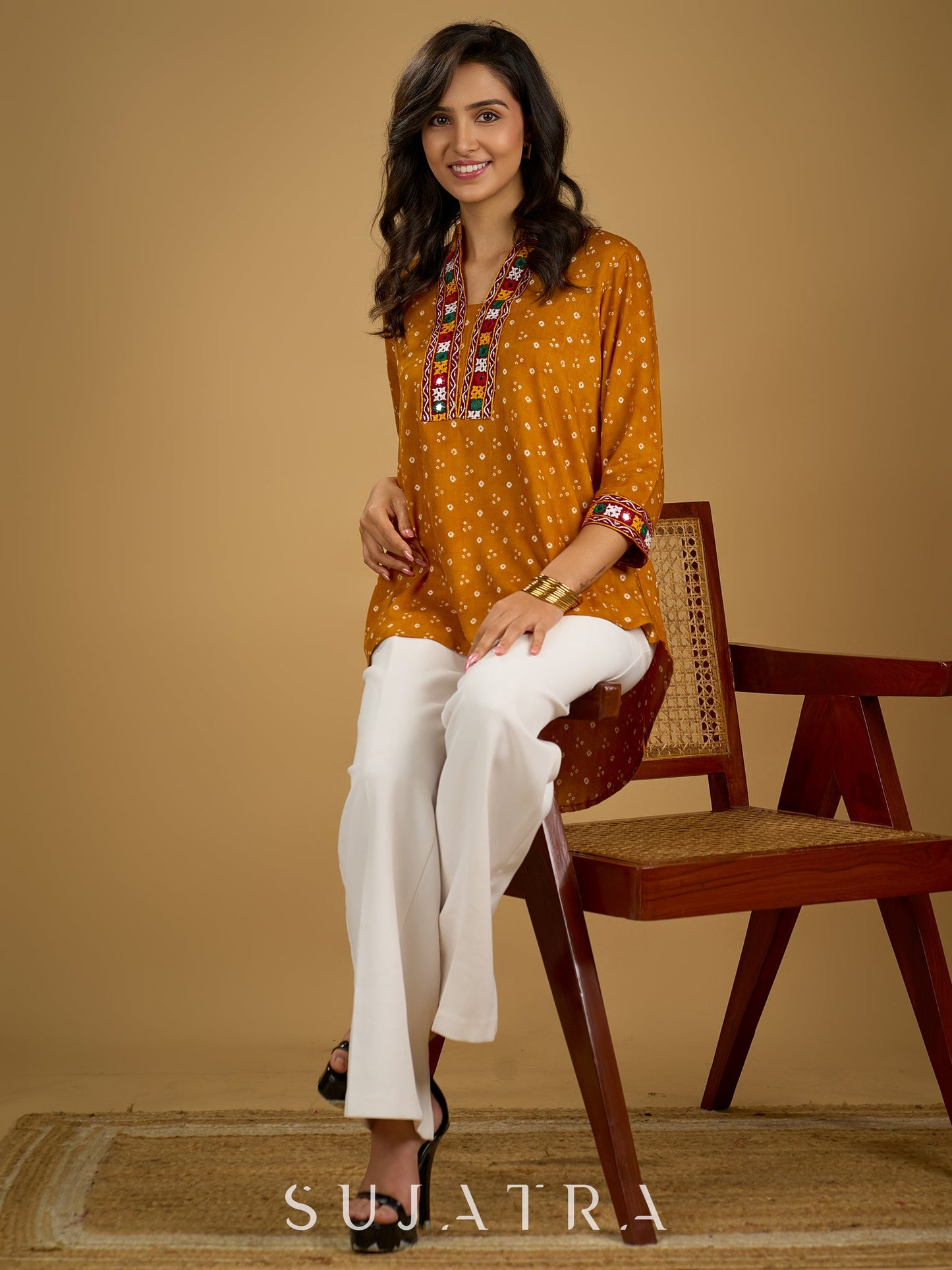 Ethnic handcrafted mirror work bandhani rayon top