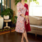 Jaipur-printed maroon floral crossover dress featuring a wrap-style silhouette with a coordinating floral tie-up, creating a flattering cinched waist and a breezy, feminine flow.
