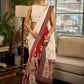 Elegant White Hakoba Cotton Saree with Rust-Red Kalamkari Print & Ajrakh Chevron Border