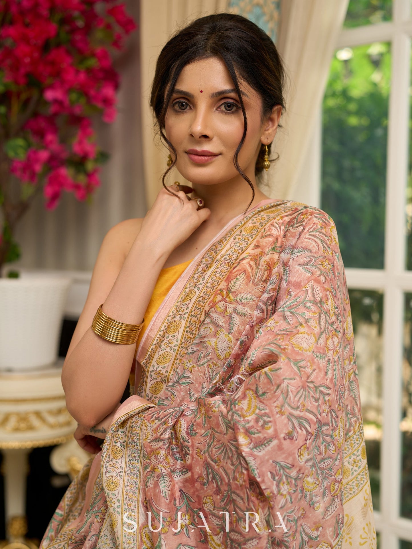 Pure Chanderi hand block printed saree in pastel floral poetry