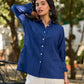 Navy Cotton Shirt Featuring Fine Pintuck Detailing & Statement Sleeves and Collar