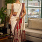 Elegant White Hakoba Cotton Saree with Rust-Red Kalamkari Print & Ajrakh Chevron Border