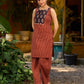 Handcrafted Maroon Ajrakh stripe kurta with a black floral patch