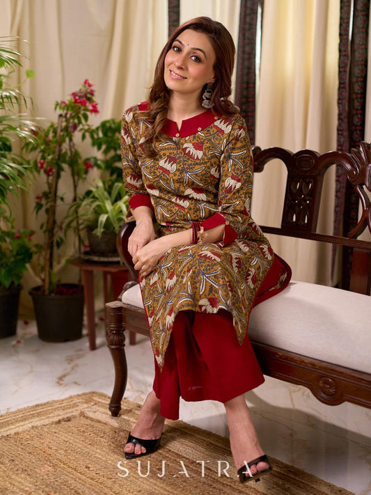 Mustard Floral Print Cotton Kurta with Maroon Collar and Cuff Detail