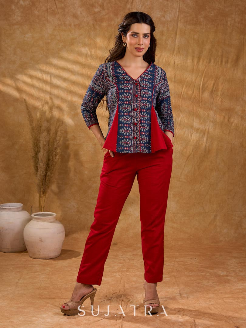 Classic navy blue printed jacket with flared panels and bold red accents, offering a structured yet dynamic silhouette with refined detailing, ideal for polished, elevated corporate styling.