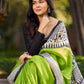 Handloom Green Pure Silk Block Printed Saree with Black & White Warli Motifs