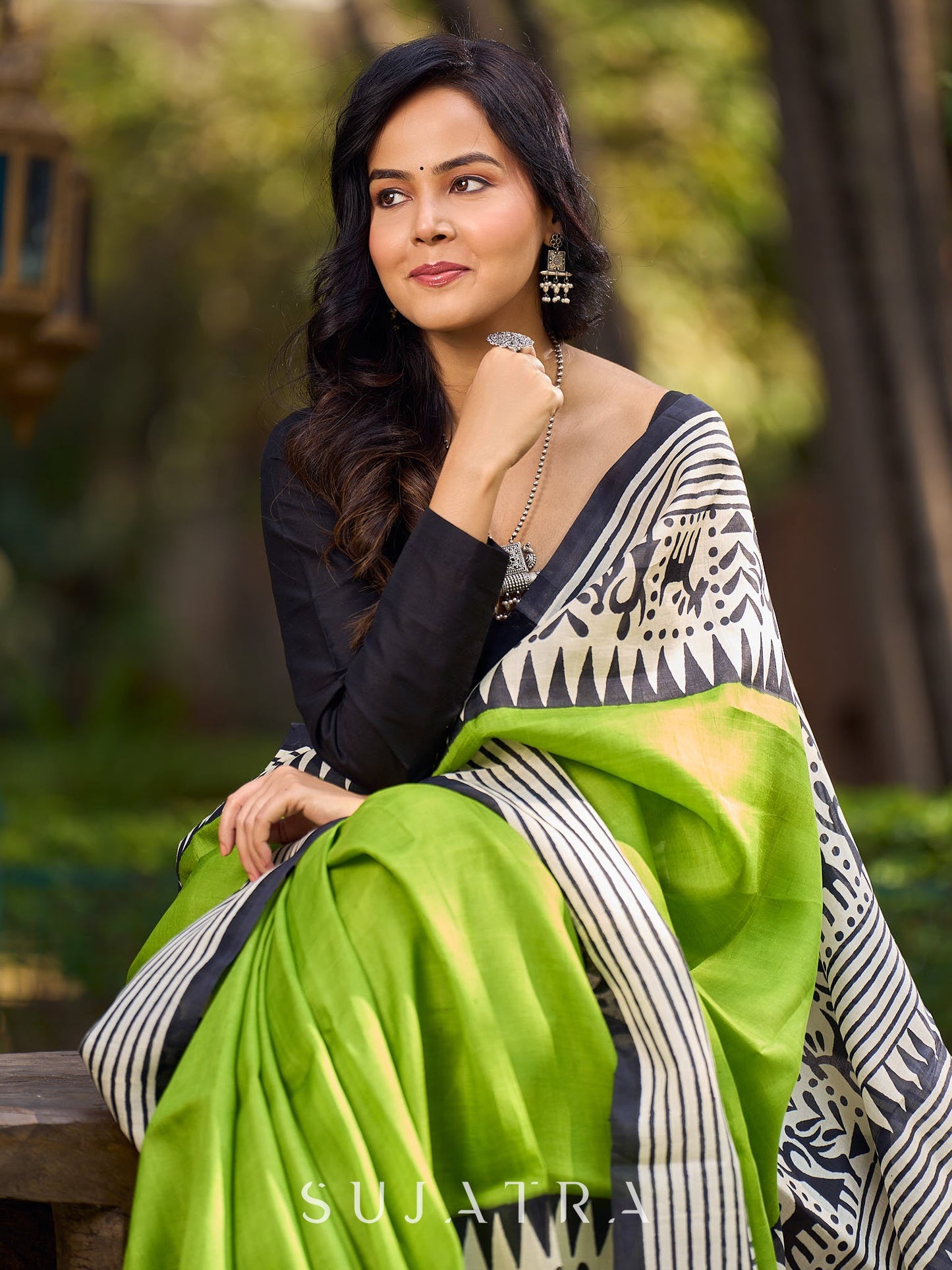 Handloom Green Pure Silk Block Printed Saree with Black & White Warli Motifs