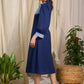 Elegant navy cotton dress with contrasting block printed yoke and cuffs