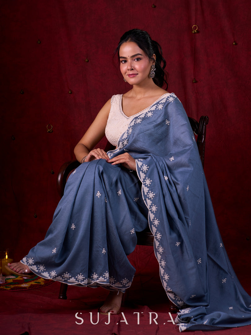 Steel Grey Chanderi Saree with Delicate Embroidered Butta & Scalloped Detailing