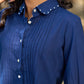 Navy Cotton Shirt Featuring Fine Pintuck Detailing & Statement Sleeves and Collar