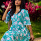 Sea Green Floral Cotton Dress with Lace-Trimmed Neckline and Puffy Sleeves