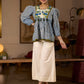 Exquisite Indigo Striped Top with Dramatic Puffy Sleeves, Contrasting Yoke & Tassel Embellishments
