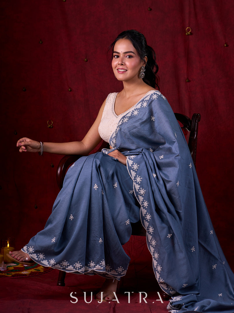 Steel Grey Chanderi Saree with Delicate Embroidered Butta & Scalloped Detailing