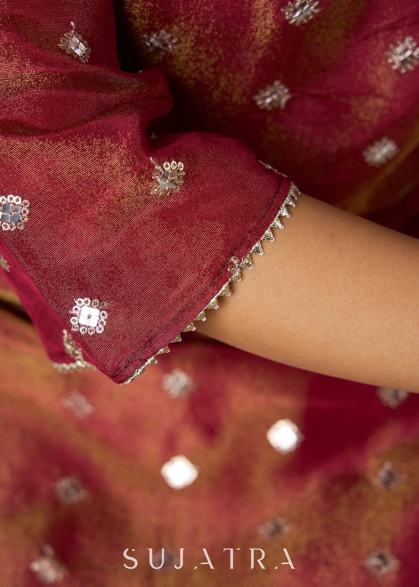 Beautiful Rust Self-Embellished Tissue Kurta - Pant Optional