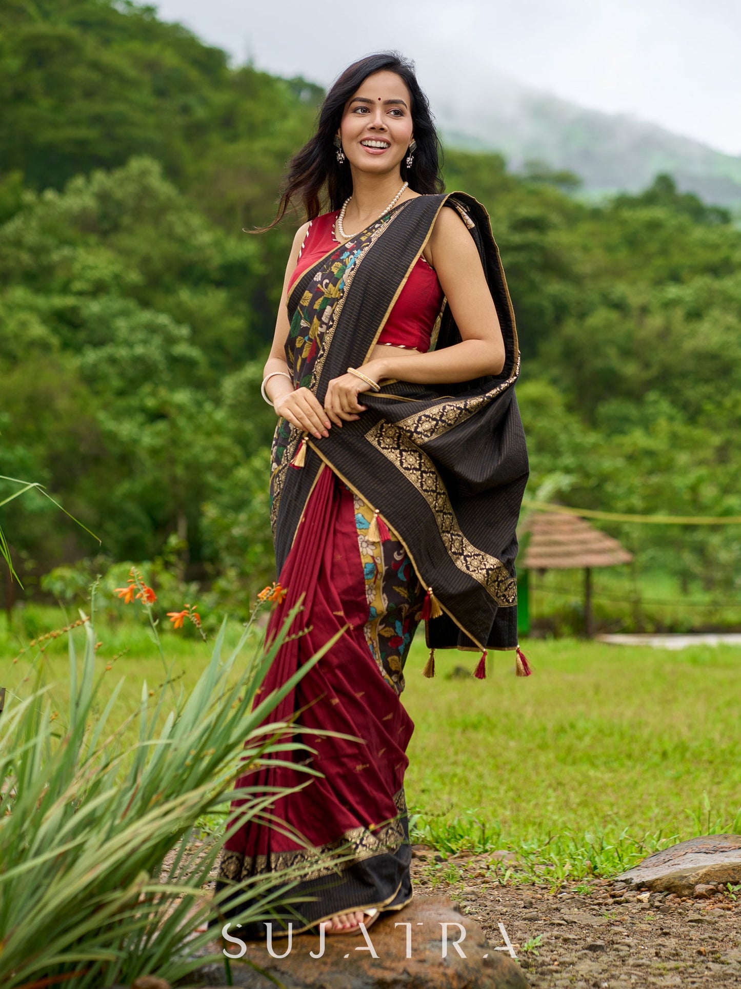 Artisanal maroon & black combination saree with hand painted Kalamkari pallu and golden borders