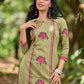 Radiant Mint Green Cotton Kurta with Minimal Floral Hand Block Motifs and Magenta Detailing