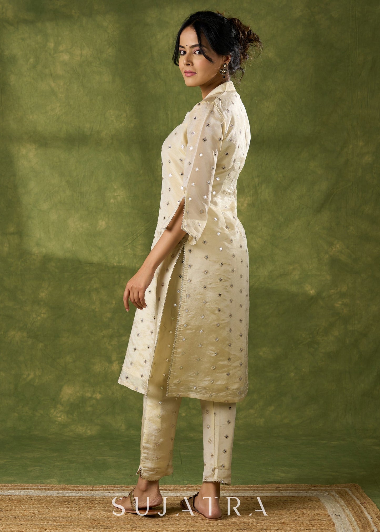 Elegant off White Self-Embellished Tissue Kurta - Pant Optional