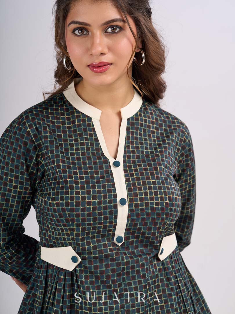Teal Cotton Designer Top with Front Button Placket and Side Waist Tabs
