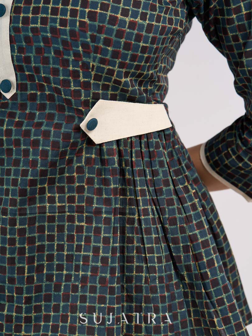 Teal Cotton Designer Top with Front Button Placket and Side Waist Tabs