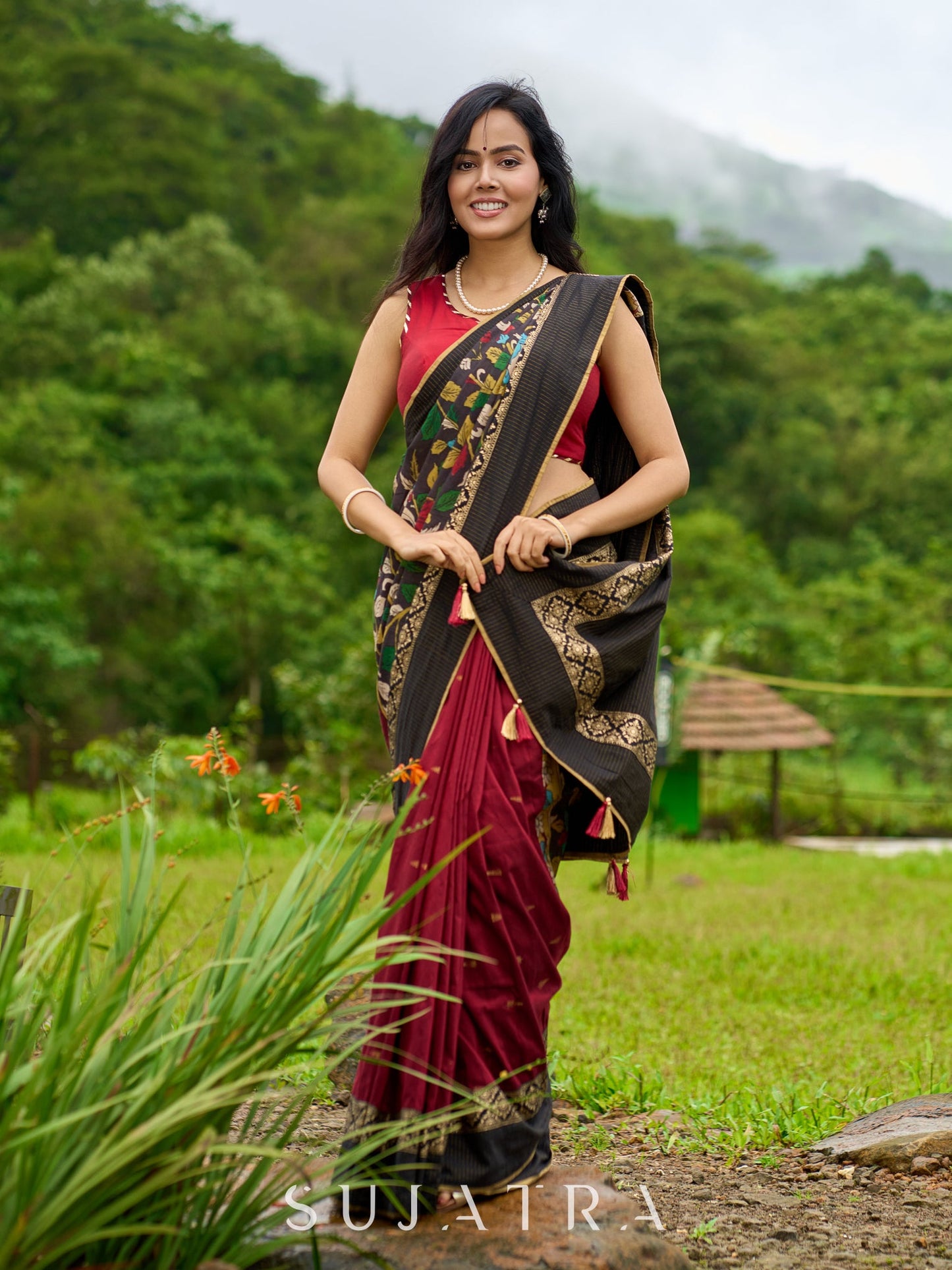 Artisanal maroon & black combination saree with hand painted Kalamkari pallu and golden borders