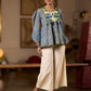 Exquisite Indigo Striped Top with Dramatic Puffy Sleeves, Contrasting Yoke & Tassel Embellishments