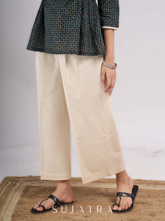 Off White Cotton Flex Structured Pleated Pants