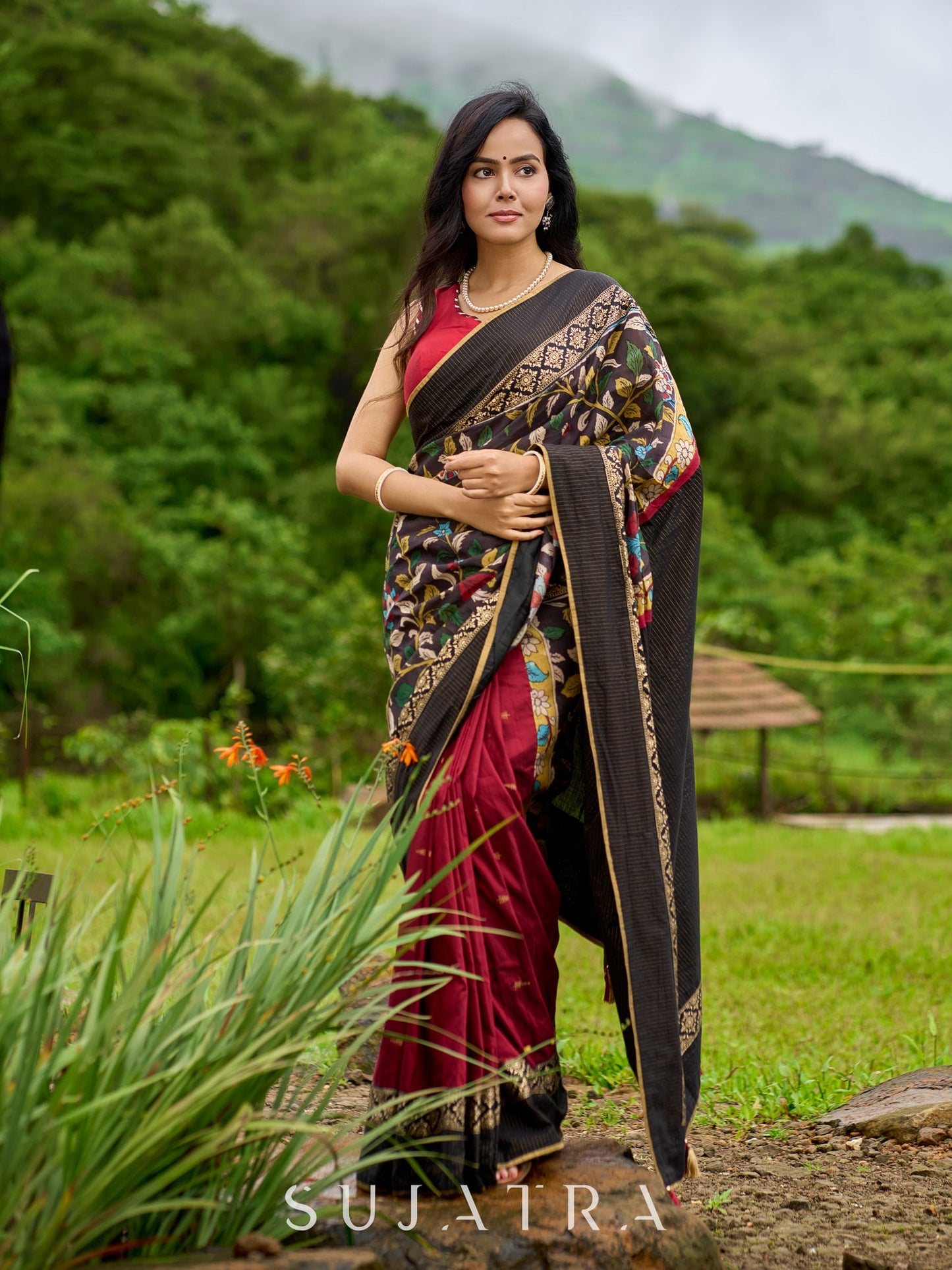 Artisanal maroon & black combination saree with hand painted Kalamkari pallu and golden borders