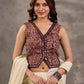Dark Brown Kalamkari Printed Sleeveless Blouse with Mirror Lace Embellishment and V Neck