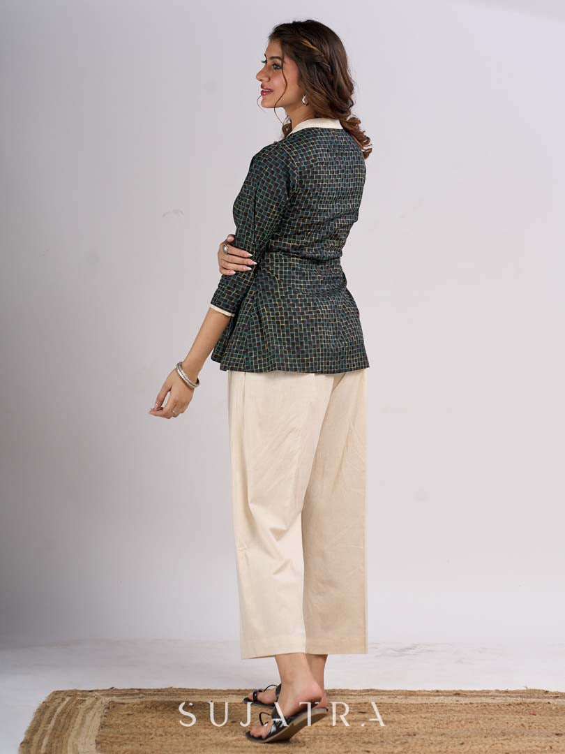 Teal Cotton Designer Top with Front Button Placket and Side Waist Tabs