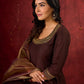Exquisite Dark Brown Cotton Silk Kali Anarkali with Minimal Hand-Embroidered Neckline & Sleeves