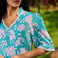 Sea Green Floral Cotton Dress with Lace-Trimmed Neckline and Puffy Sleeves