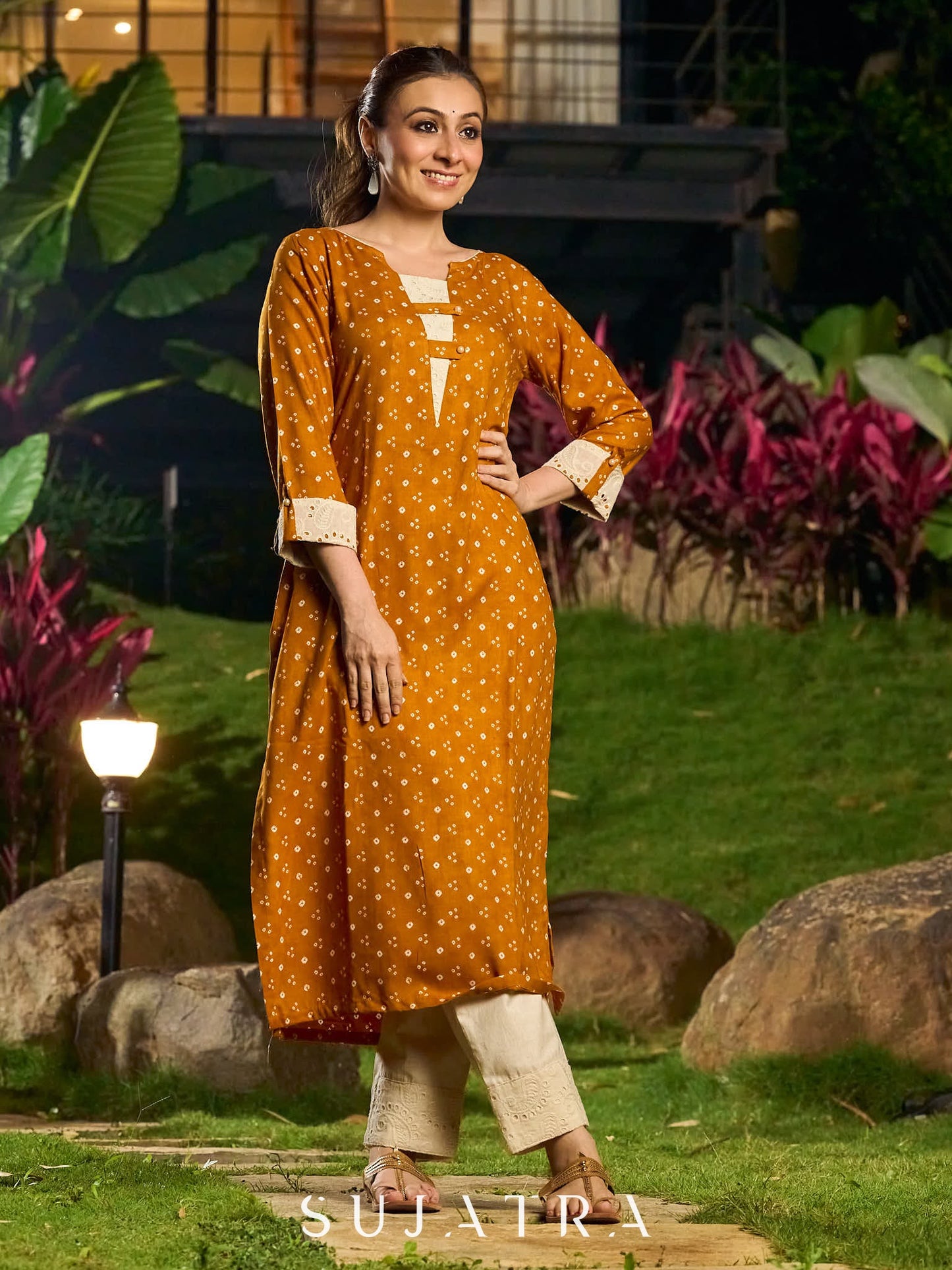 Mustard Bandhani Printed Viscose Kurta with Delicate Hakoba Accents