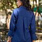 Navy Cotton Shirt Featuring Fine Pintuck Detailing & Statement Sleeves and Collar
