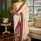 Elegant White Hakoba Cotton Saree with Rust-Red Kalamkari Print & Ajrakh Chevron Border