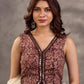 Dark Brown Kalamkari Printed Sleeveless Blouse with Mirror Lace Embellishment and V Neck