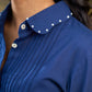 Navy Cotton Shirt Featuring Fine Pintuck Detailing & Statement Sleeves and Collar
