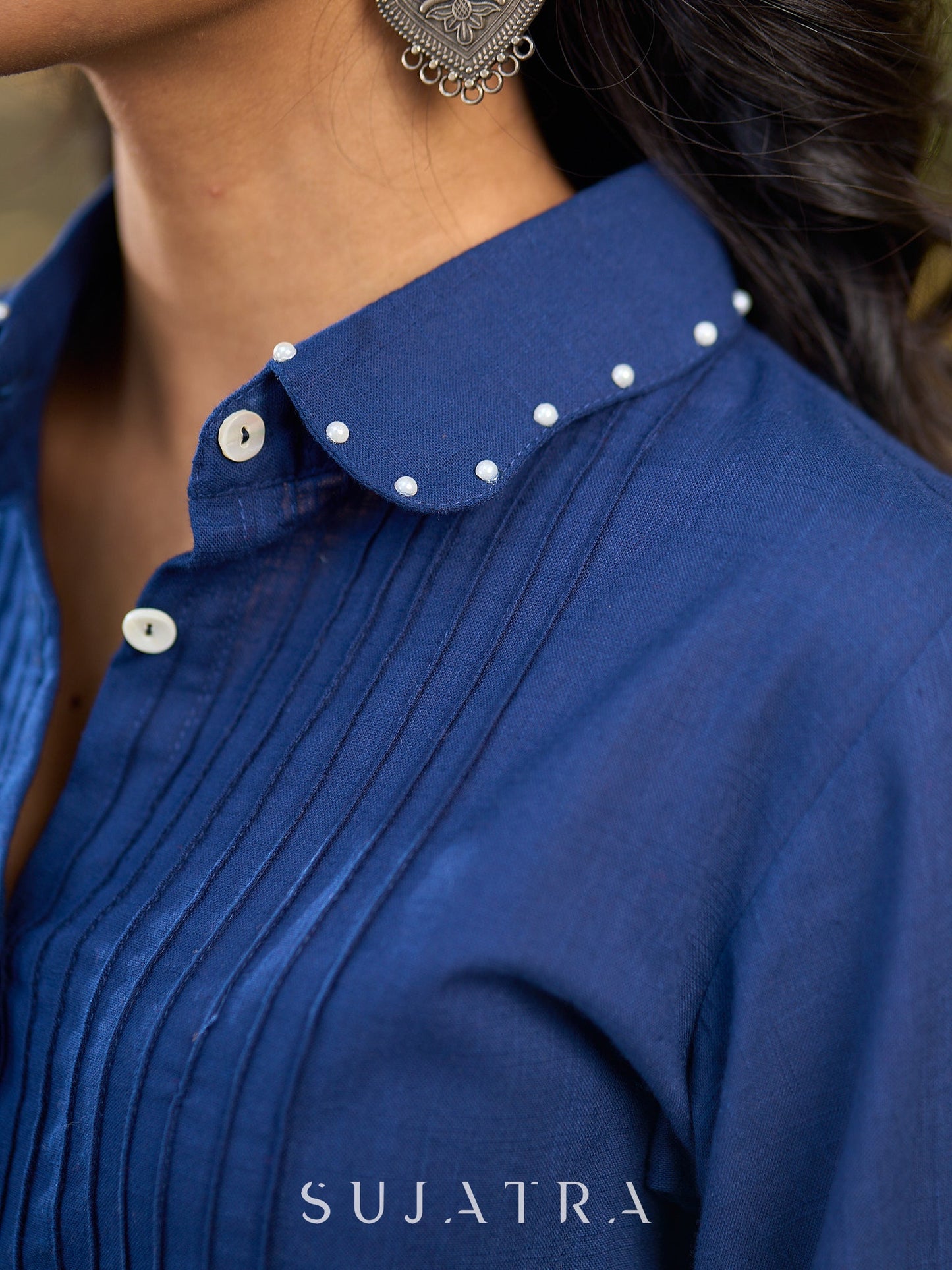 Navy Cotton Shirt Featuring Fine Pintuck Detailing & Statement Sleeves and Collar