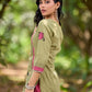 Radiant Mint Green Cotton Kurta with Minimal Floral Hand Block Motifs and Magenta Detailing