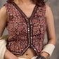 Dark Brown Kalamkari Printed Sleeveless Blouse with Mirror Lace Embellishment and V Neck