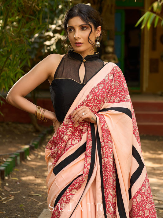 Peach Blossom Modal Saree with Block Print combination & bold black border