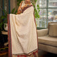 Elegant White Hakoba Cotton Saree with Rust-Red Kalamkari Print & Ajrakh Chevron Border