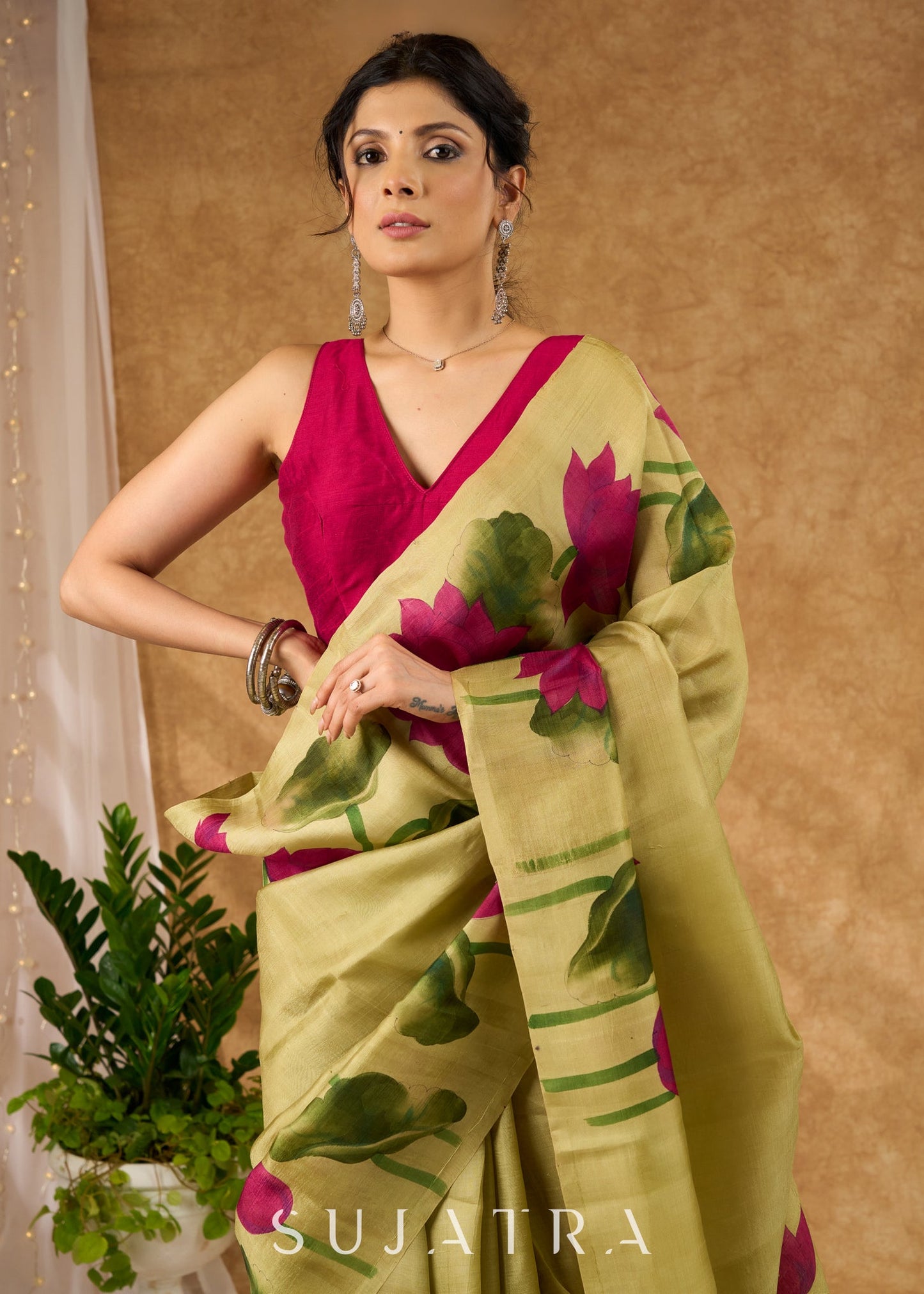 Chic Hand Painted Light Olive Pure Silk Floral Saree