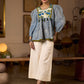 Exquisite Indigo Striped Top with Dramatic Puffy Sleeves, Contrasting Yoke & Tassel Embellishments