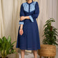 Elegant navy cotton dress with contrasting block printed yoke and cuffs