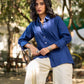 Navy Cotton Shirt Featuring Fine Pintuck Detailing & Statement Sleeves and Collar